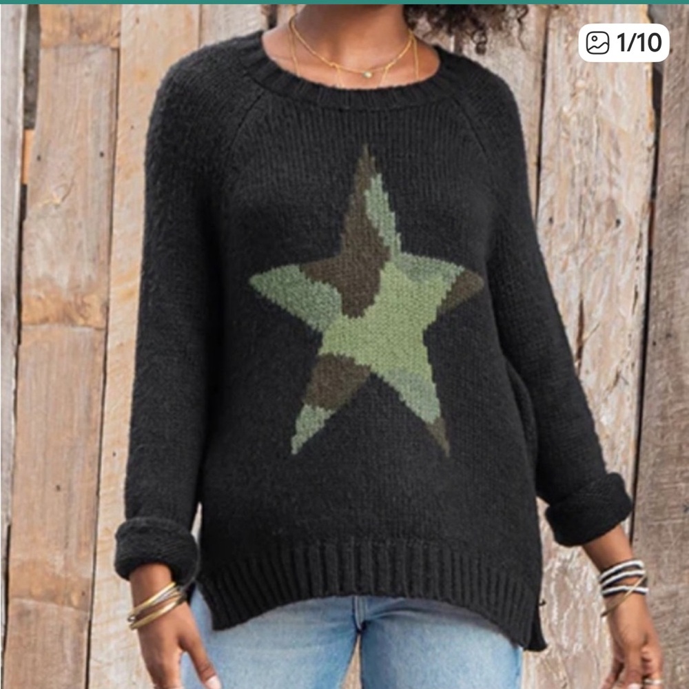 Wooden Ships Camo Star Raglan Crew sweater black knit star Size M/ L